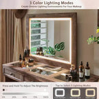 Coiffeuse 69 pouces avec plateau en verre, coiffeuse de style ferme avec 9 grands tiroirs de rangement, 3 couleurs de lumière disponibles et miroir HD 30 LED