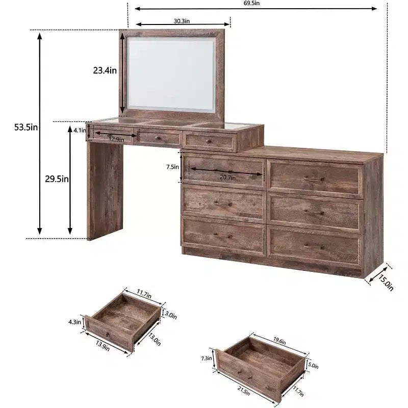 Coiffeuse 69 pouces avec plateau en verre, coiffeuse de style ferme avec 9 grands tiroirs de rangement, 3 couleurs de lumière disponibles et miroir HD 30 LED