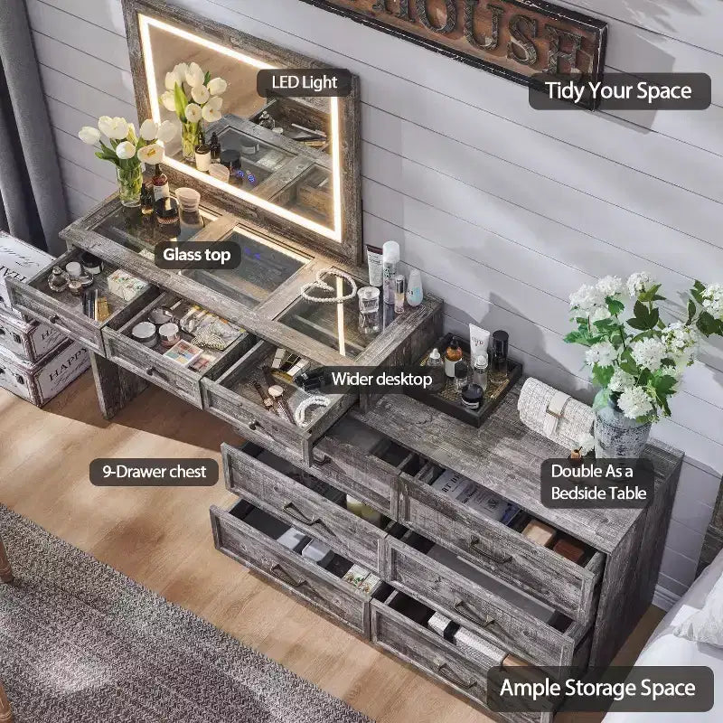 Coiffeuse 69 pouces avec plateau en verre, coiffeuse de style ferme avec 9 grands tiroirs de rangement, 3 couleurs de lumière disponibles et miroir HD 30 LED