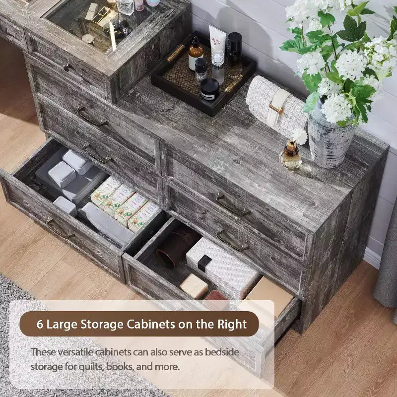 Coiffeuse 69 pouces avec plateau en verre, coiffeuse de style ferme avec 9 grands tiroirs de rangement, 3 couleurs de lumière disponibles et miroir HD 30 LED