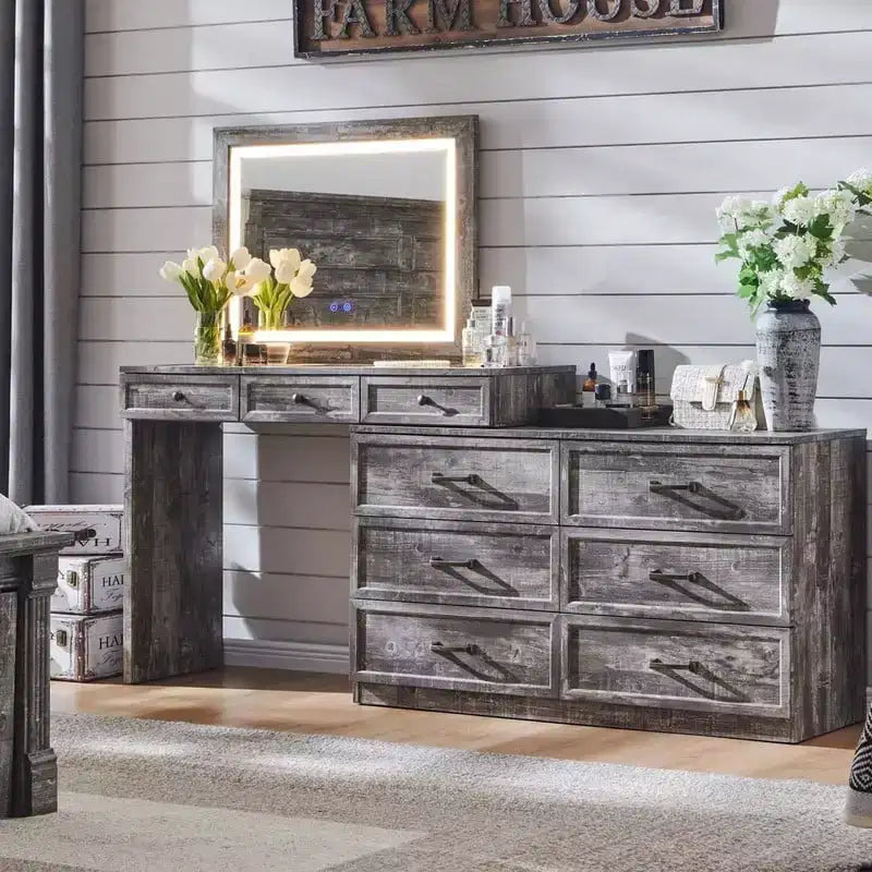 Coiffeuse 69 pouces avec plateau en verre, coiffeuse de style ferme avec 9 grands tiroirs de rangement, 3 couleurs de lumière disponibles et miroir HD 30 LED