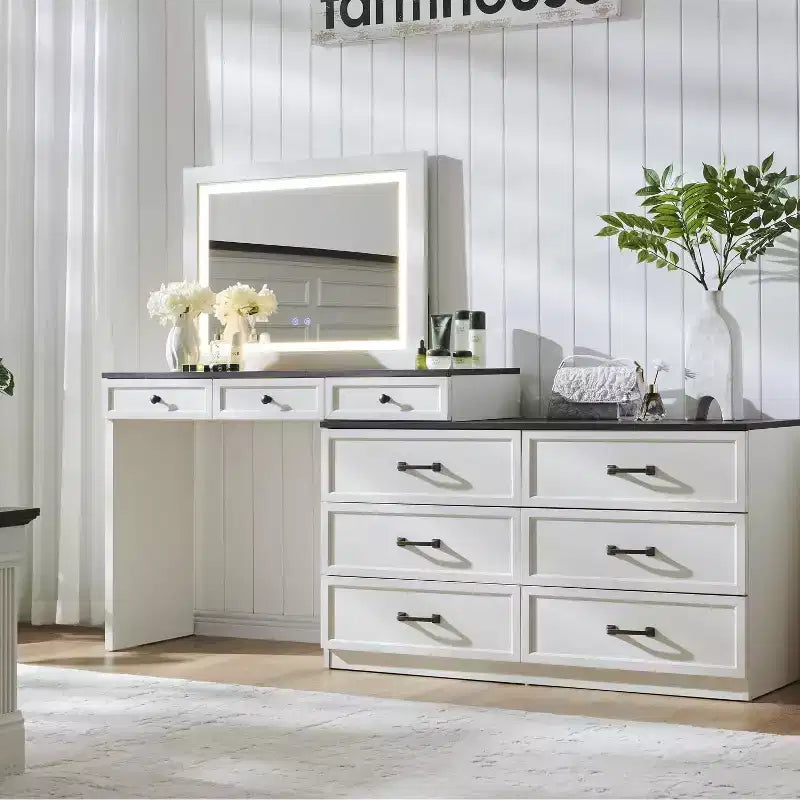 Coiffeuse 69 pouces avec plateau en verre, coiffeuse de style ferme avec 9 grands tiroirs de rangement, 3 couleurs de lumière disponibles et miroir HD 30 LED