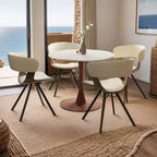 Cette table à manger ronde, dotée d'un plateau en panneau de fibres de moyenne densité et d'un piètement en acier couleur cerise, est une table d'appoint moderne adaptée aux cuisines, aux salles à manger et aux petits espaces.