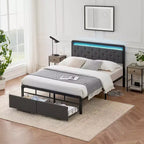 Full Size Upholstered Bed Frame with Storage Drawers & Button Tufted Headboard, Strong Wooden Slats Support Mattress Foundation, No Box Spring Needed