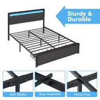 Cadre de lit double rembourré avec tiroirs de rangement et tête de lit capitonnée, support robuste en lattes de bois pour matelas, pas besoin de sommier tapissier