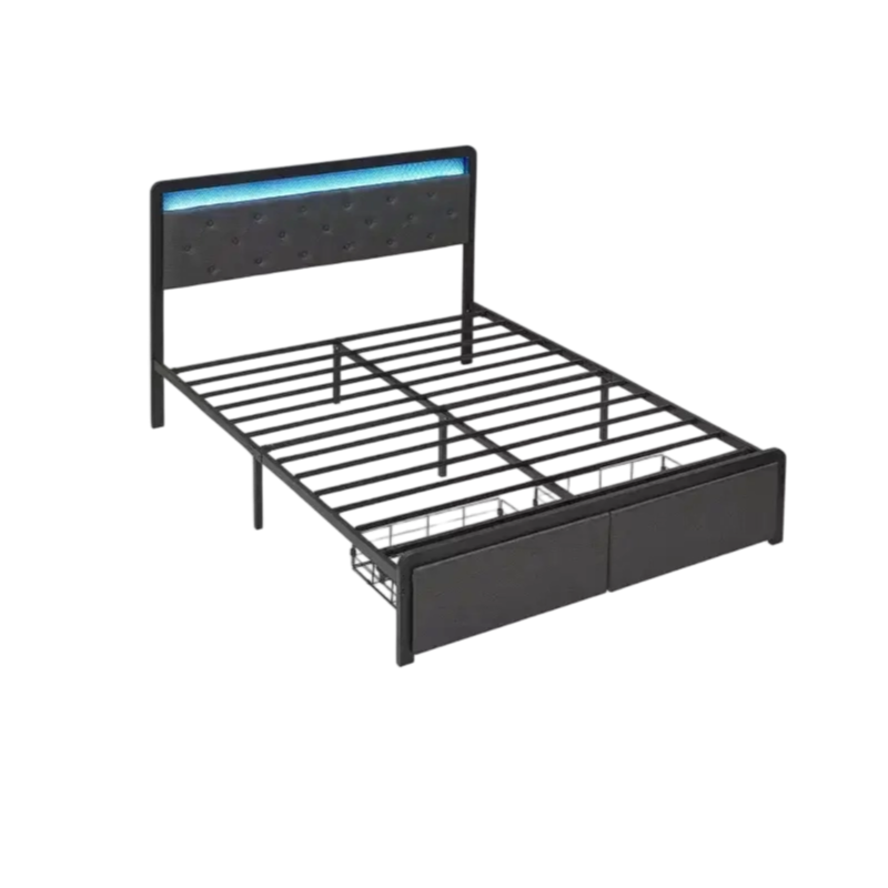 Cadre de lit double rembourré avec tiroirs de rangement et tête de lit capitonnée, support robuste en lattes de bois pour matelas, pas besoin de sommier tapissier