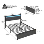 Cadre de lit double rembourré avec tiroirs de rangement et tête de lit capitonnée, support robuste en lattes de bois pour matelas, pas besoin de sommier tapissier