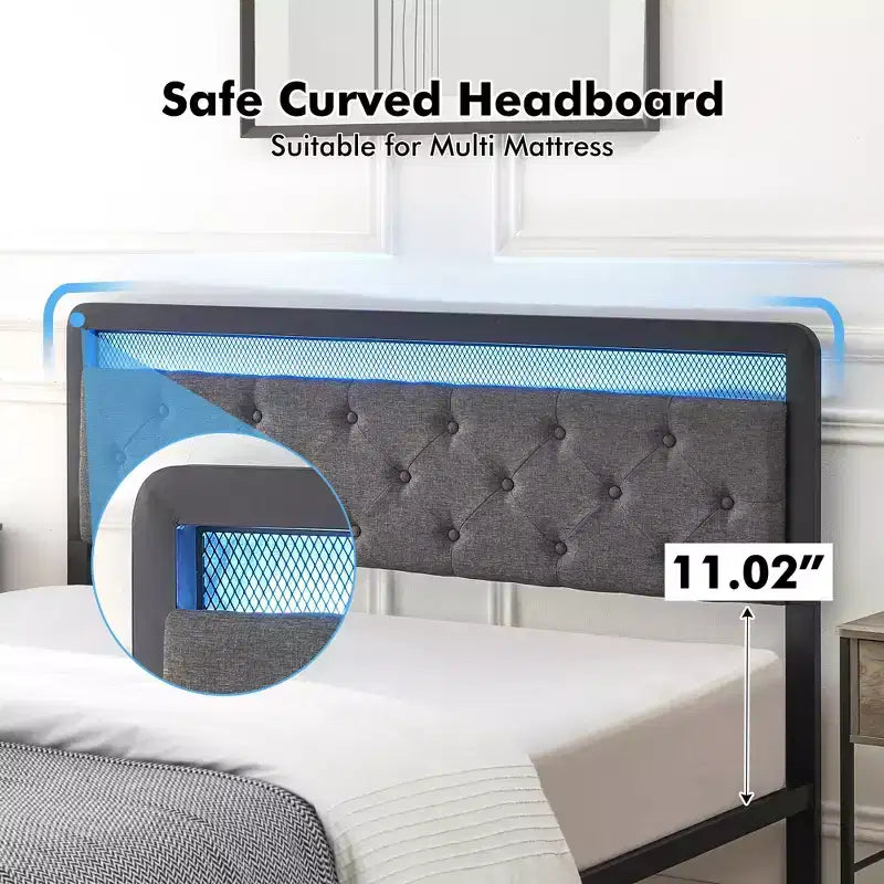 Cadre de lit double rembourré avec tiroirs de rangement et tête de lit capitonnée, support robuste en lattes de bois pour matelas, pas besoin de sommier tapissier