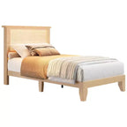 Bohemian Rattan Bed Frame  Natural Rattan Headboard, LED Lights, Sturdy Wood Silent Slats, Noise-Free, No Box Spring Needed  Bedroom Furniture