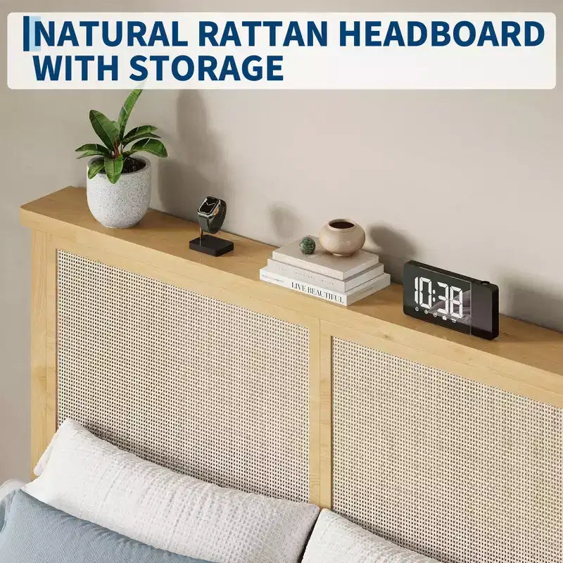 Cadre de lit en rotin bohème Tête de lit en rotin naturel, lumières LED, lattes en bois robustes et silencieuses, sans bruit, aucun sommier tapissier requis Meubles de chambre à coucher