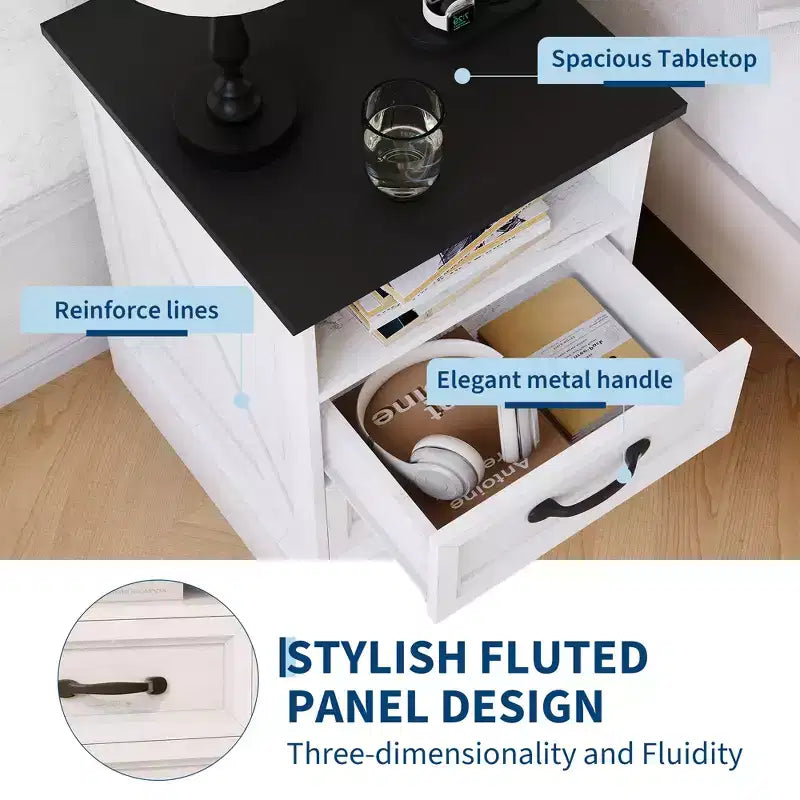 Table de chevet rustique de ferme à 2 tiroirs, Table de chevet moderne en bois, Ports USB et prises CA, MDF durable, Poignées en métal, Blanc
