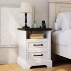 Table de chevet rustique de ferme à 2 tiroirs, Table de chevet moderne en bois, Ports USB et prises CA, MDF durable, Poignées en métal, Blanc