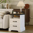 Table de chevet rustique de ferme à 2 tiroirs, Table de chevet moderne en bois, Ports USB et prises CA, MDF durable, Poignées en métal, Blanc