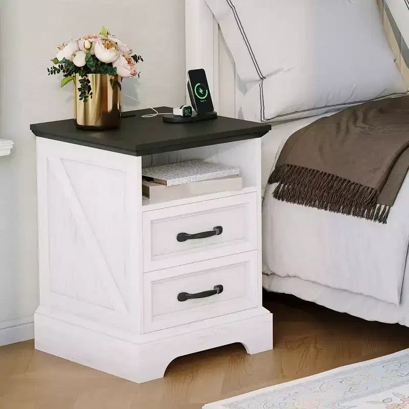 Table de chevet rustique de ferme à 2 tiroirs, Table de chevet moderne en bois, Ports USB et prises CA, MDF durable, Poignées en métal, Blanc