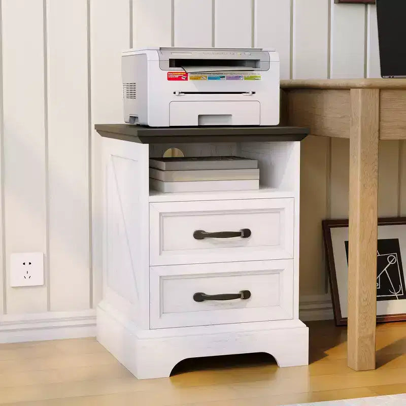 Table de chevet rustique de ferme à 2 tiroirs, Table de chevet moderne en bois, Ports USB et prises CA, MDF durable, Poignées en métal, Blanc