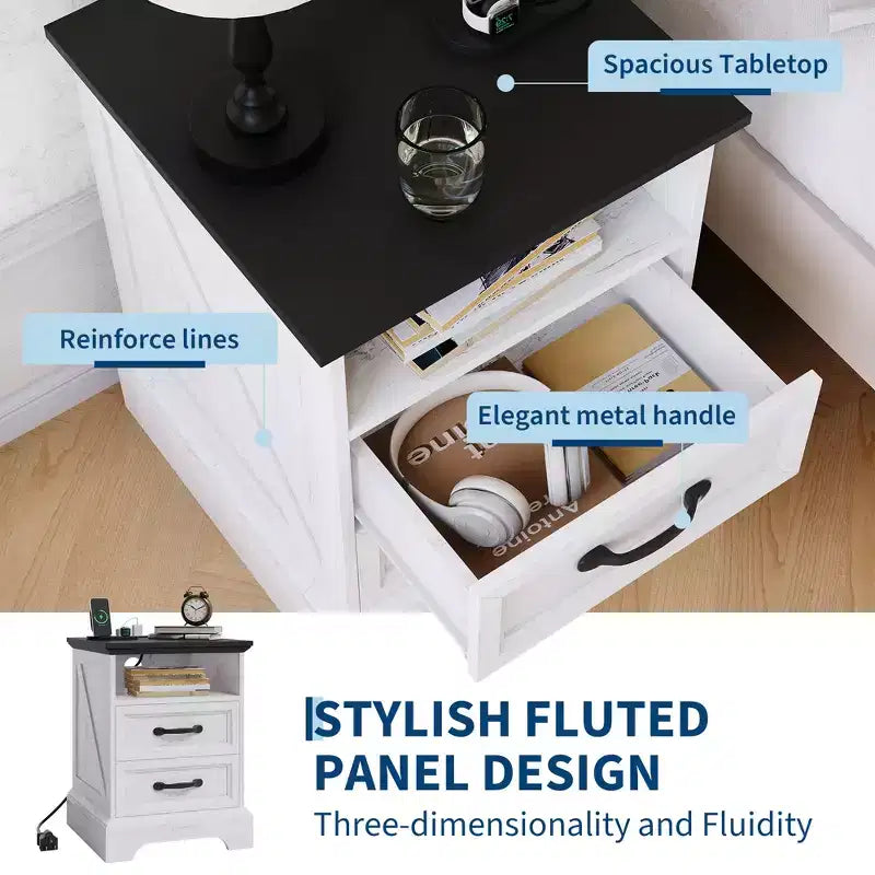 Table de chevet rustique de ferme à 2 tiroirs, Table de chevet moderne en bois, Ports USB et prises CA, MDF durable, Poignées en métal, Blanc