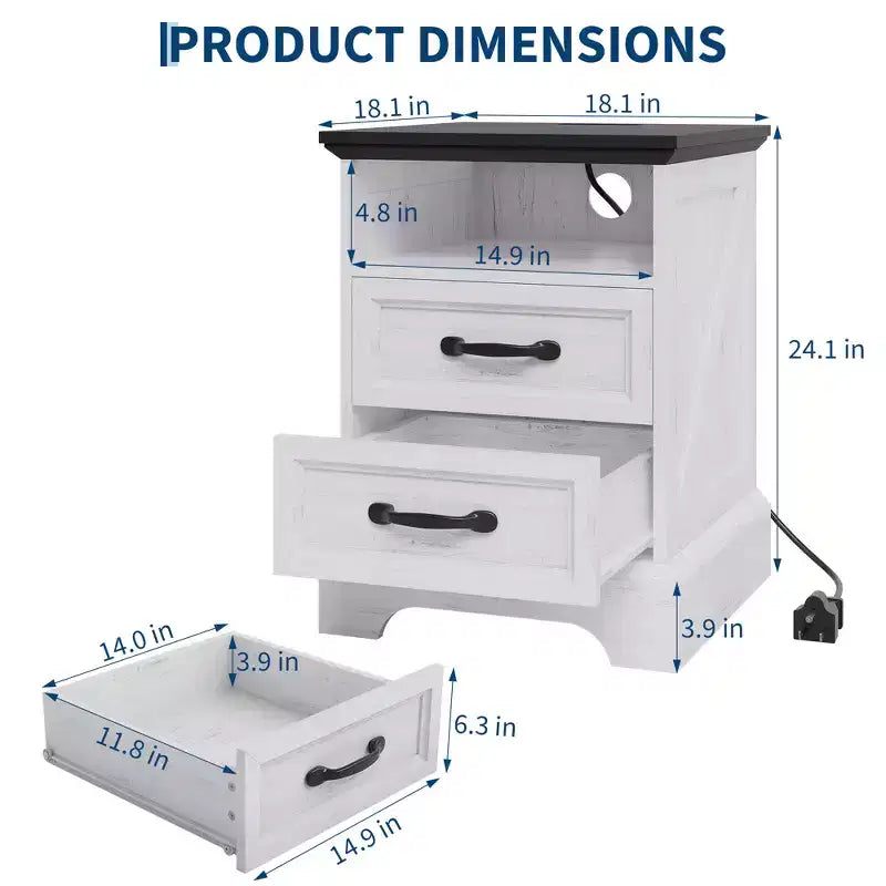Table de chevet rustique de ferme à 2 tiroirs, Table de chevet moderne en bois, Ports USB et prises CA, MDF durable, Poignées en métal, Blanc