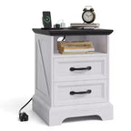 Farmhouse Rustic Bedside table  2 Drawers, Modern Wood Bedside Table, USB Ports & AC Outlets, Durable MDF, Metal Handles, White
