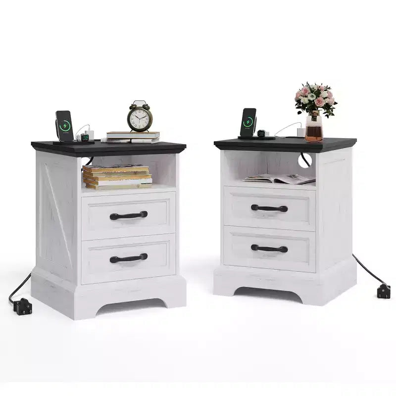 Table de chevet rustique de ferme à 2 tiroirs, Table de chevet moderne en bois, Ports USB et prises CA, MDF durable, Poignées en métal, Blanc
