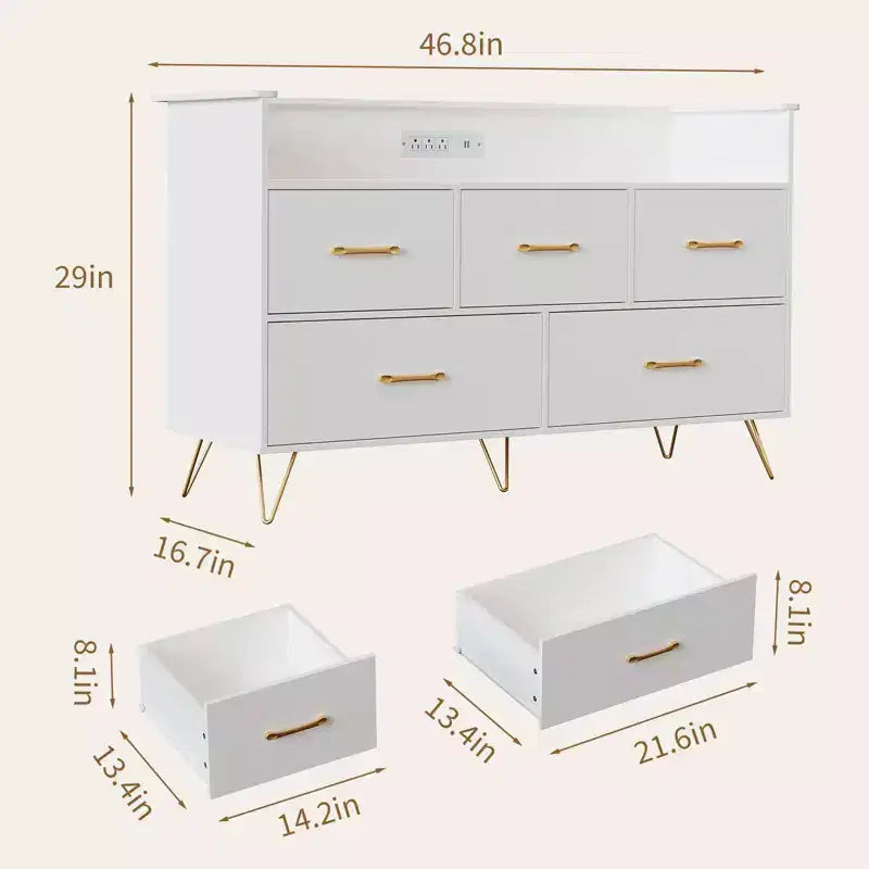Commode de chambre à 5 tiroirs, commode de 119 cm de large, organisateur de rangement autoportant