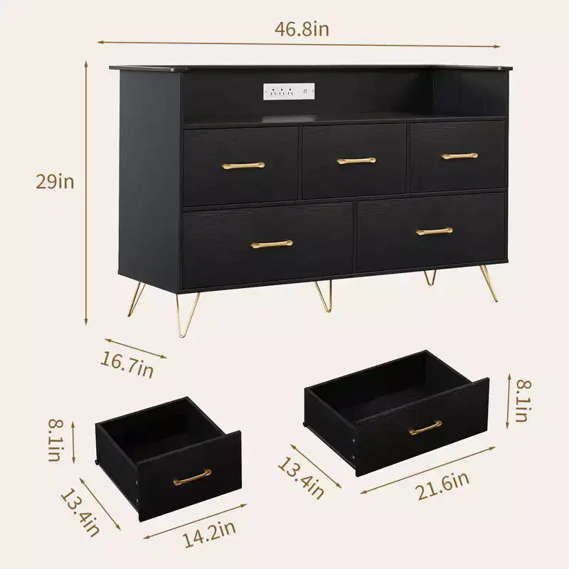 Commode de chambre à 5 tiroirs, commode de 119 cm de large, organisateur de rangement autoportant