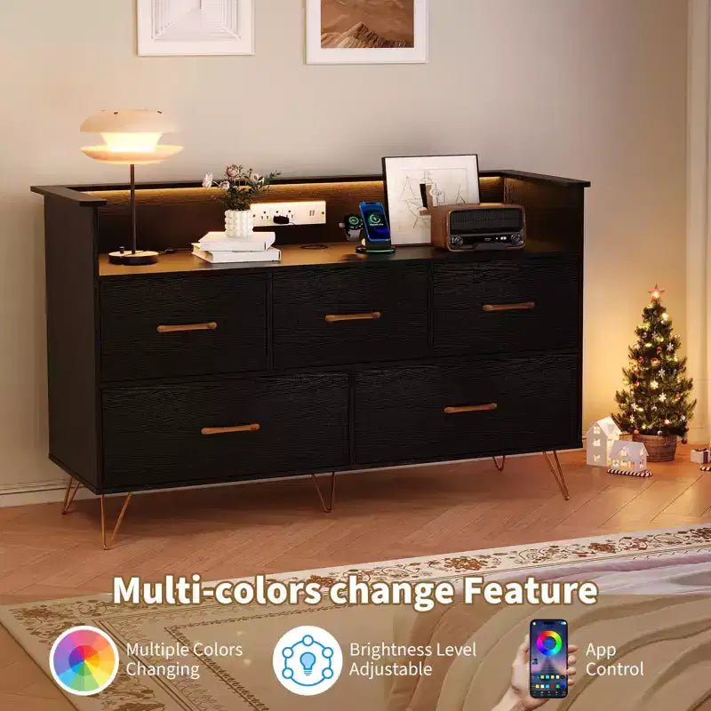 Commode de chambre à 5 tiroirs, commode de 119 cm de large, organisateur de rangement autoportant