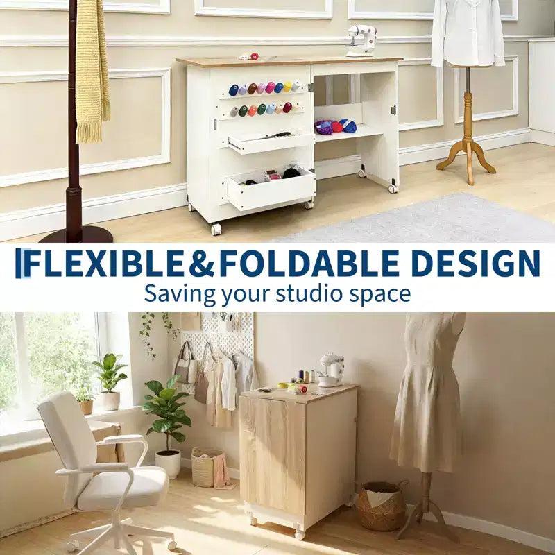 Table pliante pour couture et loisirs créatifs avec étagères et plateaux, roulettes verrouillables, chevilles, verrous magnétiques, bureau multi-fonctions compact, gain de place pour machines à coudre