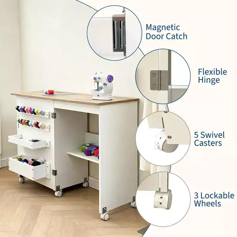 Table pliante pour couture et loisirs créatifs avec étagères et plateaux, roulettes verrouillables, chevilles, verrous magnétiques, bureau multi-fonctions compact, gain de place pour machines à coudre