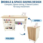 Table pliante pour couture et loisirs créatifs avec étagères et plateaux, roulettes verrouillables, chevilles, verrous magnétiques, bureau multi-fonctions compact, gain de place pour machines à coudre