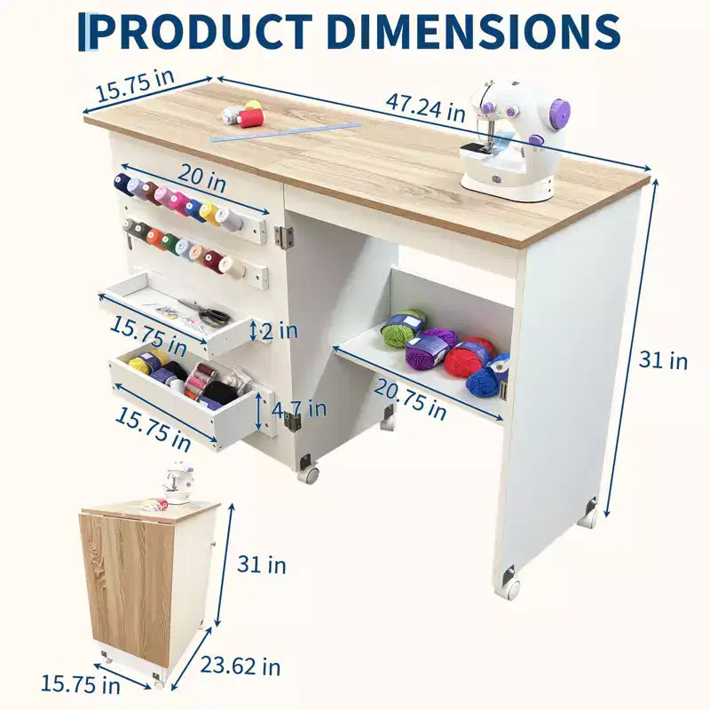 Table pliante pour couture et loisirs créatifs avec étagères et plateaux, roulettes verrouillables, chevilles, verrous magnétiques, bureau multi-fonctions compact, gain de place pour machines à coudre