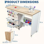 Table pliante pour couture et loisirs créatifs avec étagères et plateaux, roulettes verrouillables, chevilles, verrous magnétiques, bureau multi-fonctions compact, gain de place pour machines à coudre