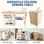 Table pliante pour couture et loisirs créatifs avec étagères et plateaux, roulettes verrouillables, chevilles, verrous magnétiques, bureau multi-fonctions compact, gain de place pour machines à coudre