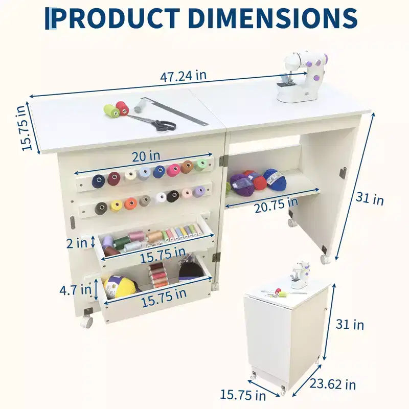 Table pliante pour couture et loisirs créatifs avec étagères et plateaux, roulettes verrouillables, chevilles, verrous magnétiques, bureau multi-fonctions compact, gain de place pour machines à coudre