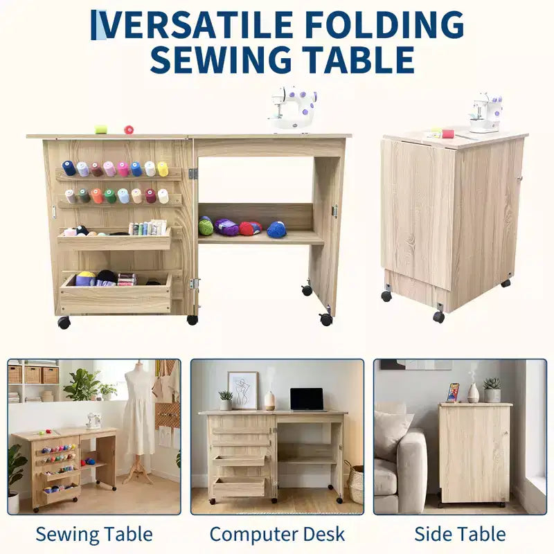 Table pliante pour couture et loisirs créatifs avec étagères et plateaux, roulettes verrouillables, chevilles, verrous magnétiques, bureau multi-fonctions compact, gain de place pour machines à coudre