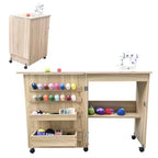 Folding Sewing & Craft Table with Shelves and Trays, Lockable Wheels, Pegs, Magnetic Locks, Compact Multi Desk, Space-Saving for Sewing Machines