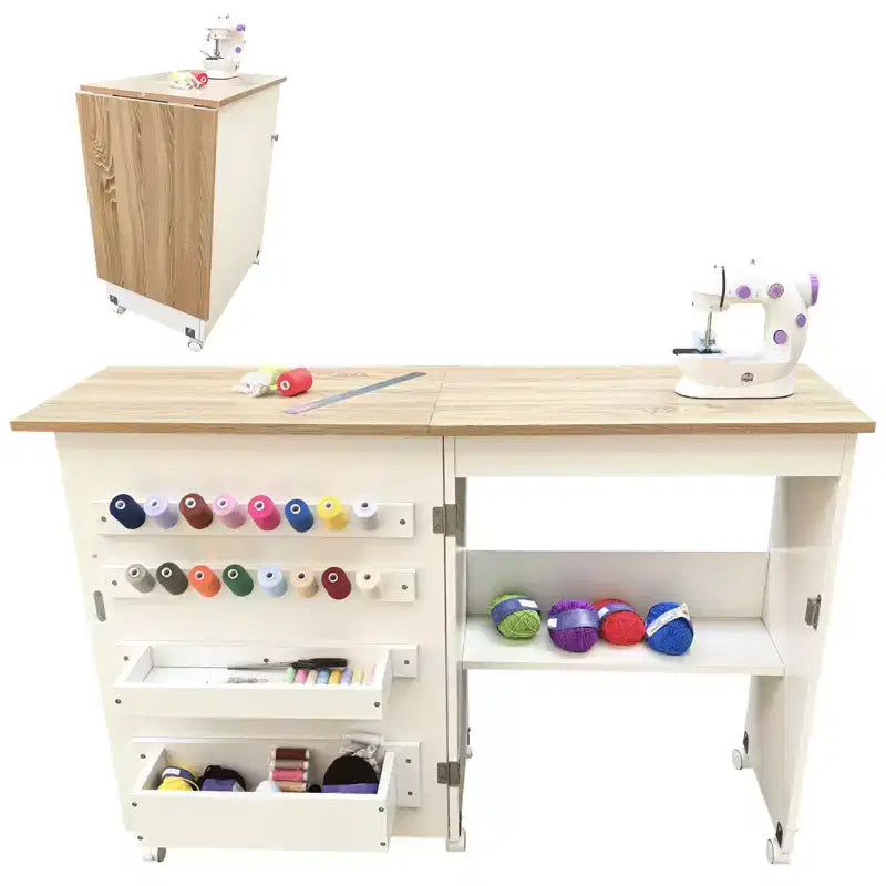 Table pliante pour couture et loisirs créatifs avec étagères et plateaux, roulettes verrouillables, chevilles, verrous magnétiques, bureau multi-fonctions compact, gain de place pour machines à coudre