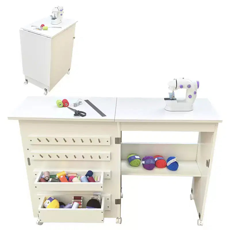 Table pliante pour couture et loisirs créatifs avec étagères et plateaux, roulettes verrouillables, chevilles, verrous magnétiques, bureau multi-fonctions compact, gain de place pour machines à coudre