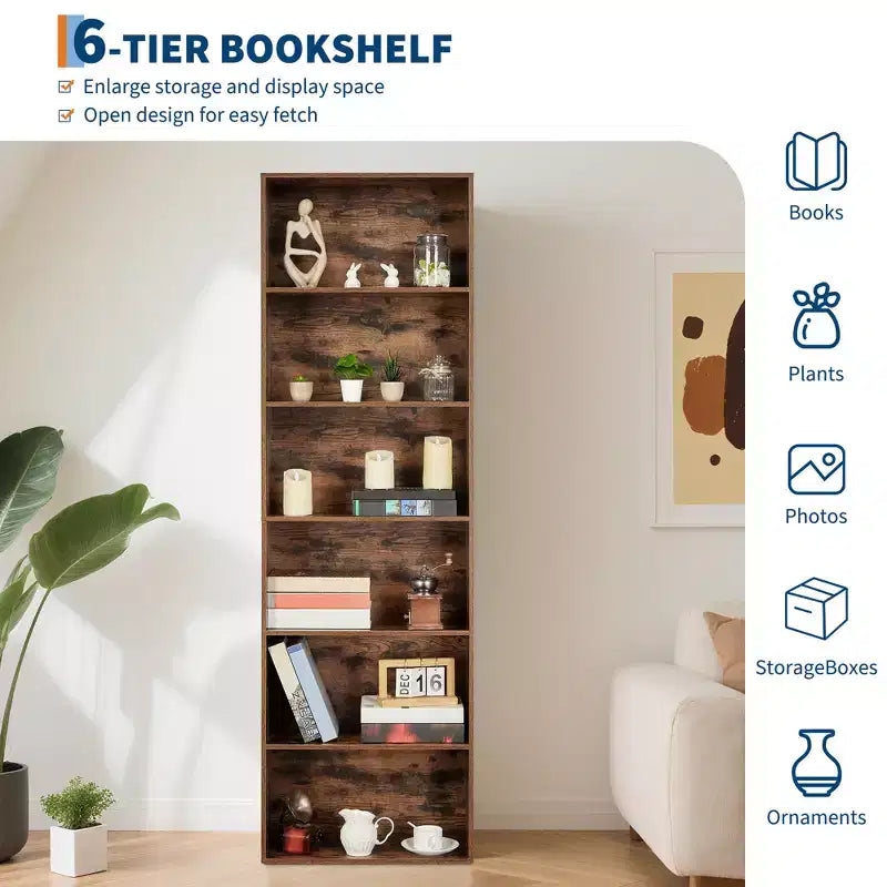Bibliothèque haute à 6 étagères, Étagère en bois de 161,5 cm de hauteur au style rustique industriel, Meuble de rangement à 6 niveaux pour salon, chambre, bibliothèque