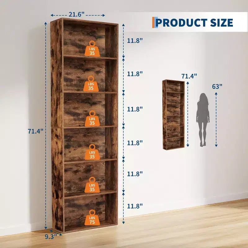 Bibliothèque haute à 6 étagères, Étagère en bois de 161,5 cm de hauteur au style rustique industriel, Meuble de rangement à 6 niveaux pour salon, chambre, bibliothèque