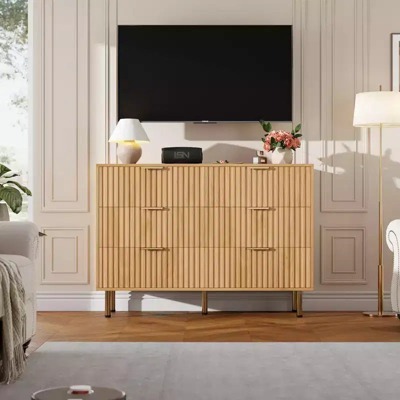 Modern Fluted 6 Drawer Dresser, Wooden Chest with Deep Storage, Large Double Dresser & TV Stand for Bedroom, Living Room, Hallway, Kids Room
