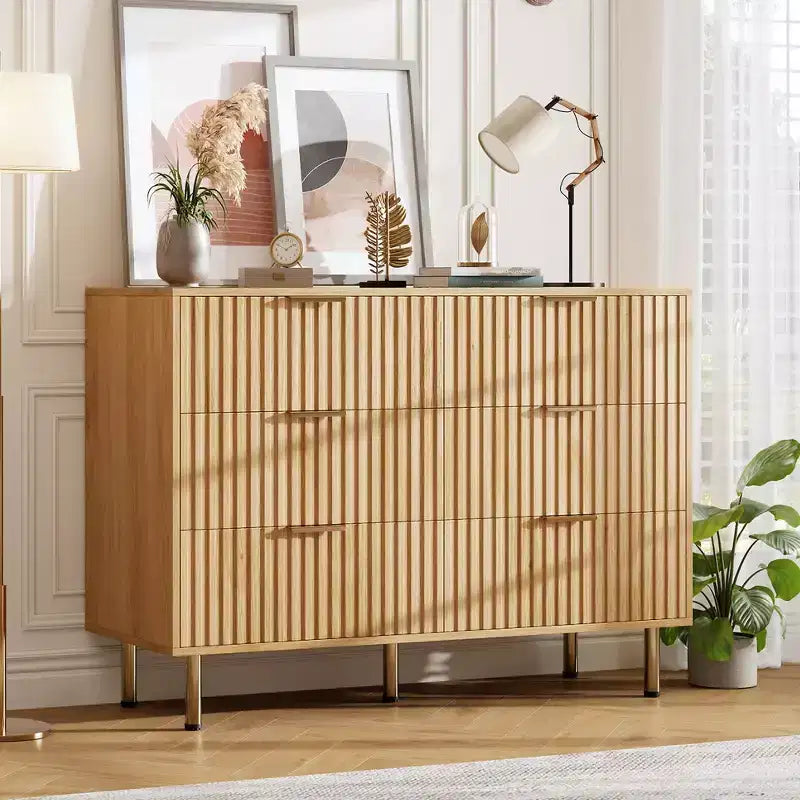 Commode moderne cannelée à 6 tiroirs, en bois avec rangement profond, grande commode double et meuble TV pour chambre à coucher, salon, couloir, chambre d'enfant
