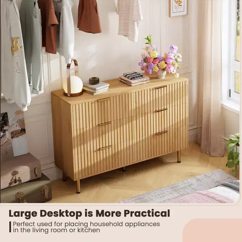 Commode moderne cannelée à 6 tiroirs, en bois avec rangement profond, grande commode double et meuble TV pour chambre à coucher, salon, couloir, chambre d'enfant