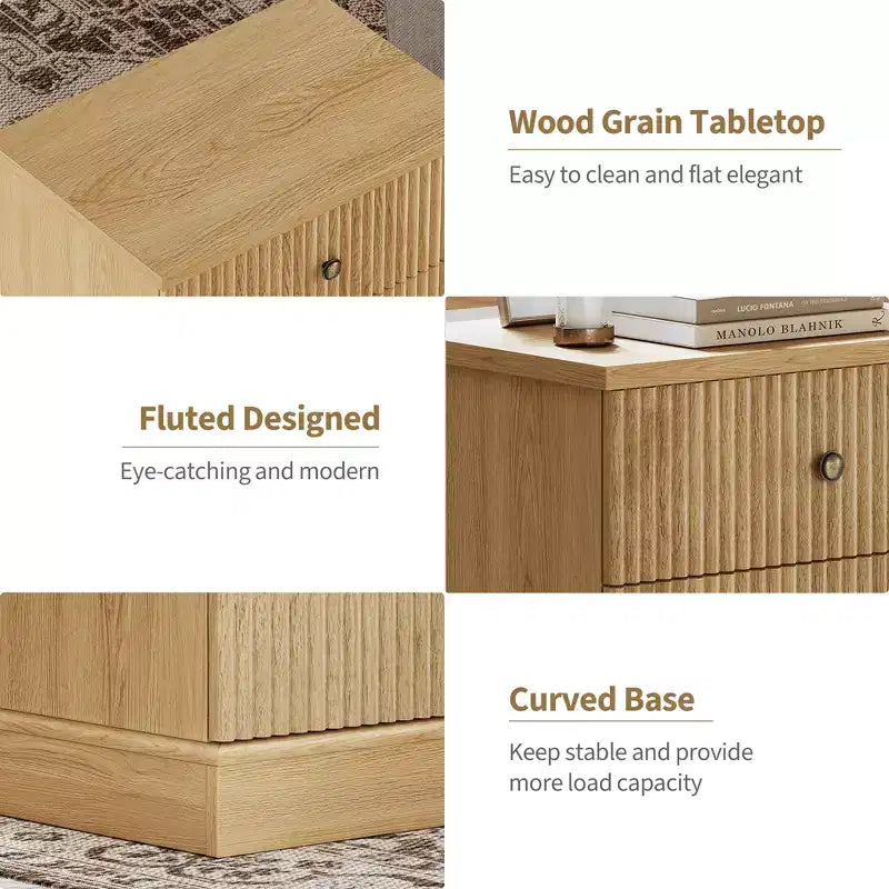 Table de chevet cannelée moderne, petite table de chevet de 61 cm avec 2 tiroirs, petite armoire de rangement d'appoint, table d'appoint à base incurvée et stable
