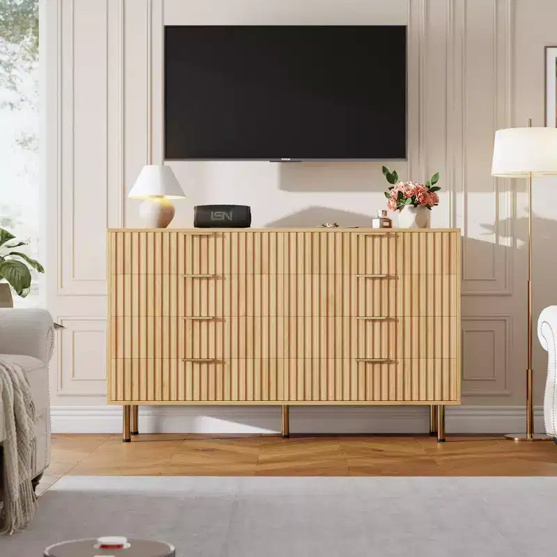 Commode 8 tiroirs, double commode large de 137 cm avec tiroirs profonds, meuble de rangement en bois et support TV