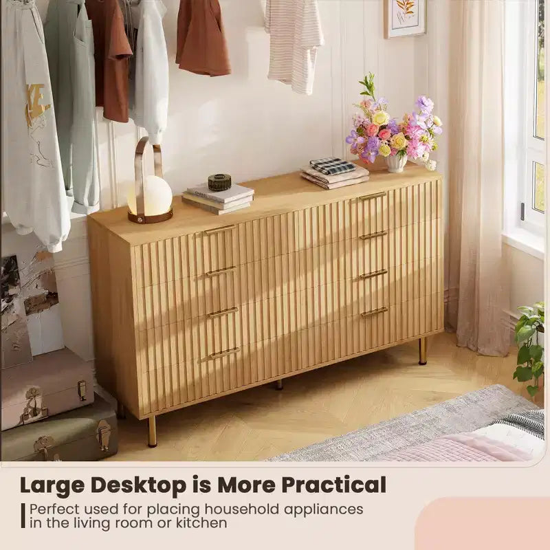 Commode 8 tiroirs, double commode large de 137 cm avec tiroirs profonds, meuble de rangement en bois et support TV