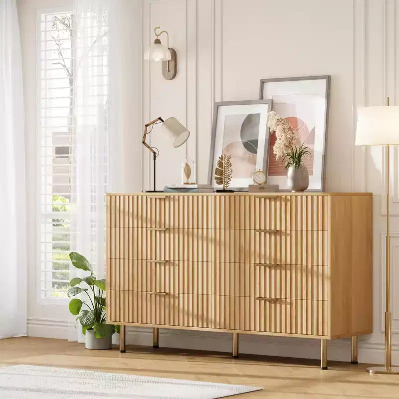Commode 8 tiroirs, double commode large de 137 cm avec tiroirs profonds, meuble de rangement en bois et support TV