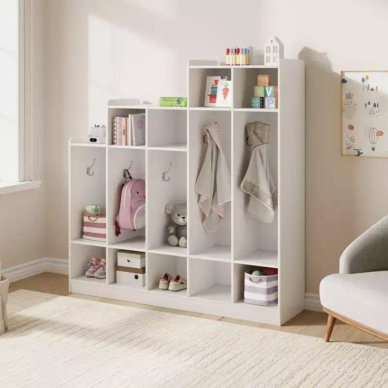 Porte-manteau en bois à 5 sections pour enfants - 9 casiers de rangement, 10 crochets - Organisateur pour crèche, maternelle, maison, chambre d'enfant, école