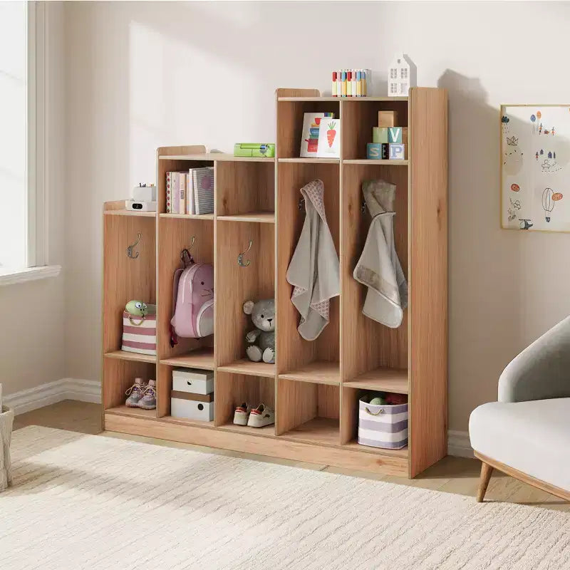 Porte-manteau en bois à 5 sections pour enfants - 9 casiers de rangement, 10 crochets - Organisateur pour crèche, maternelle, maison, chambre d'enfant, école