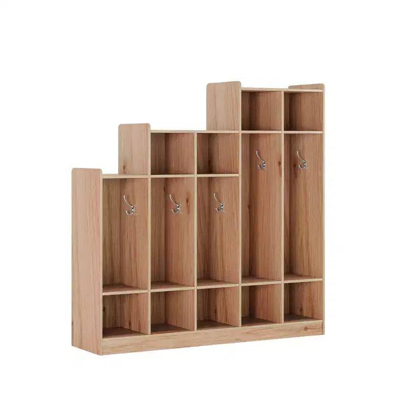 Porte-manteau en bois à 5 sections pour enfants - 9 casiers de rangement, 10 crochets - Organisateur pour crèche, maternelle, maison, chambre d'enfant, école