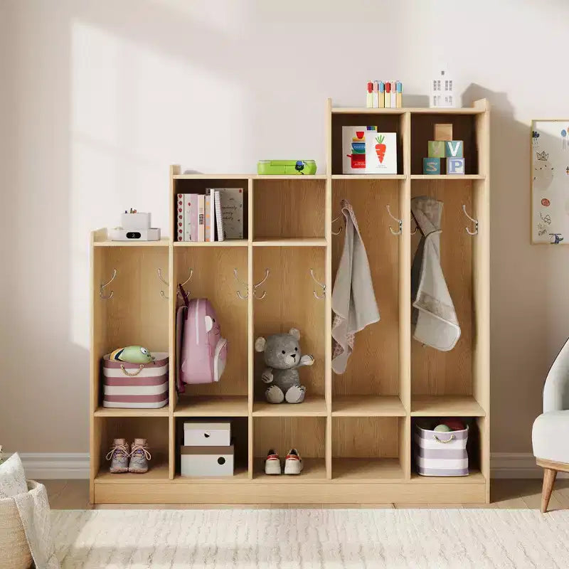 Porte-manteau en bois à 5 sections pour enfants - 9 casiers de rangement, 10 crochets - Organisateur pour crèche, maternelle, maison, chambre d'enfant, école